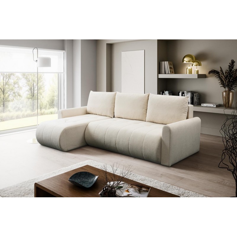 Vielseitiges Ecksofa SPRENTO aus Boucle-Stoff mit Schlaffunktion und Bettzeugablage Ecru 3/9