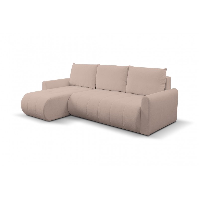 Mehrzweck-Ecksofa SPRENTO rosa aus Boucle-Stoff mit Schlaffunktion und Bettzeugfach