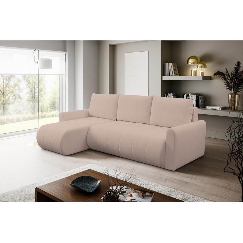 Mehrzweck-Ecksofa SPRENTO rosa aus Boucle-Stoff mit Schlaffunktion und Bettzeugfach 3/9