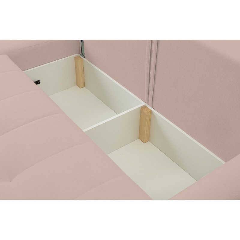 Mehrzweck-Ecksofa SPRENTO rosa aus Boucle-Stoff mit Schlaffunktion und Bettzeugfach 5/9