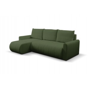 Mehrzweck-Ecksofa SPRENTO grün aus Boucle-Stoff mit Schlaffunktion und Bettzeugfach 1/9
