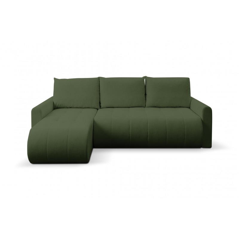 Mehrzweck-Ecksofa SPRENTO grün aus Boucle-Stoff mit Schlaffunktion und Bettzeugfach 2/9