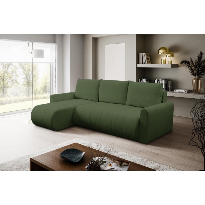 Mehrzweck-Ecksofa SPRENTO grün aus Boucle-Stoff mit Schlaffunktion und Bettzeugfach