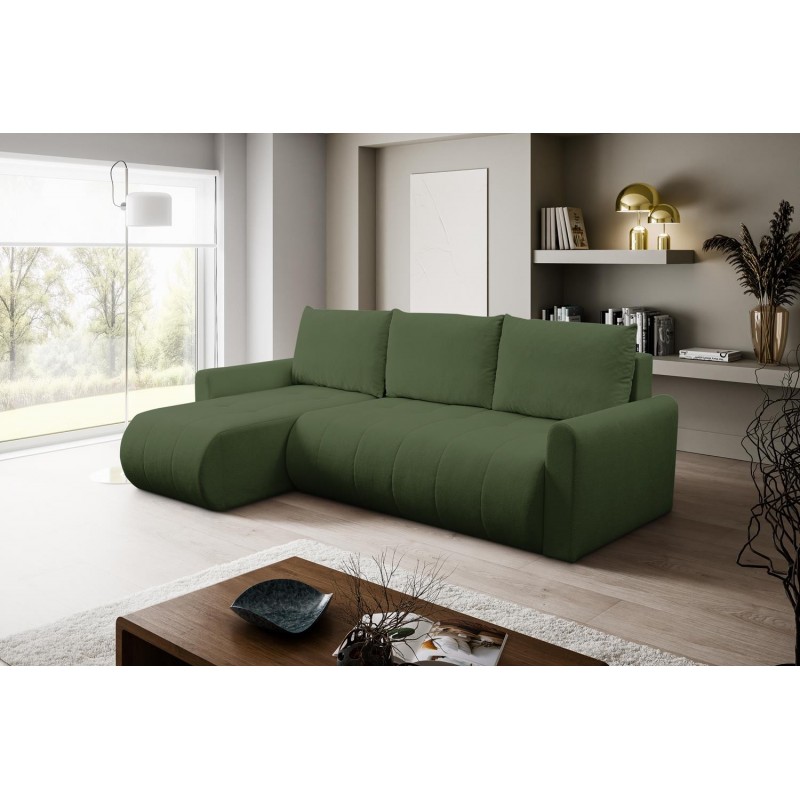 Mehrzweck-Ecksofa SPRENTO grün aus Boucle-Stoff mit Schlaffunktion und Bettzeugfach 3/9