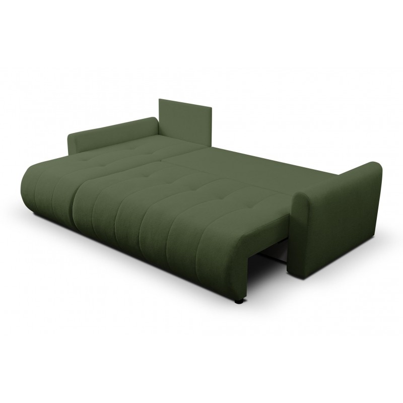 Mehrzweck-Ecksofa SPRENTO grün aus Boucle-Stoff mit Schlaffunktion und Bettzeugfach 4/9