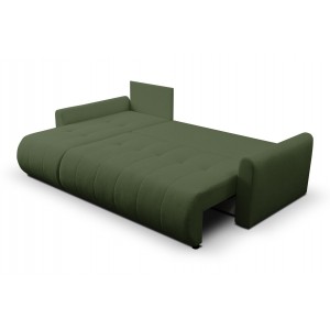 Mehrzweck-Ecksofa SPRENTO grün aus Boucle-Stoff mit Schlaffunktion und Bettzeugfach 4/9