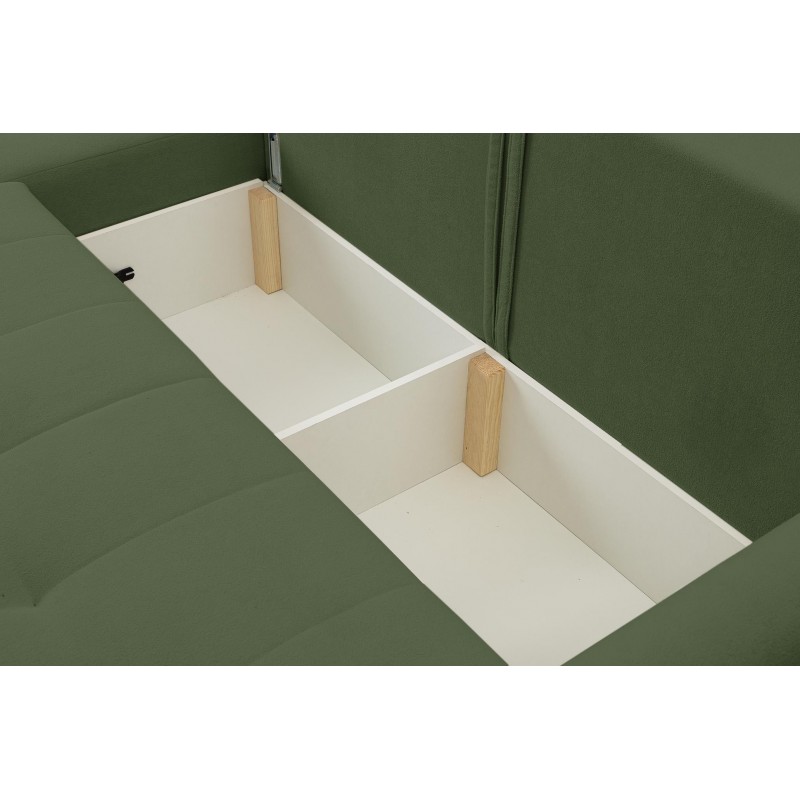 Mehrzweck-Ecksofa SPRENTO grün aus Boucle-Stoff mit Schlaffunktion und Bettzeugfach 5/9