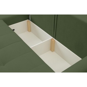 Mehrzweck-Ecksofa SPRENTO grün aus Boucle-Stoff mit Schlaffunktion und Bettzeugfach 5/9