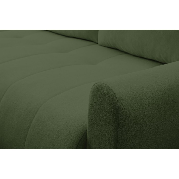 Mehrzweck-Ecksofa SPRENTO grün aus Boucle-Stoff mit Schlaffunktion und Bettzeugfach