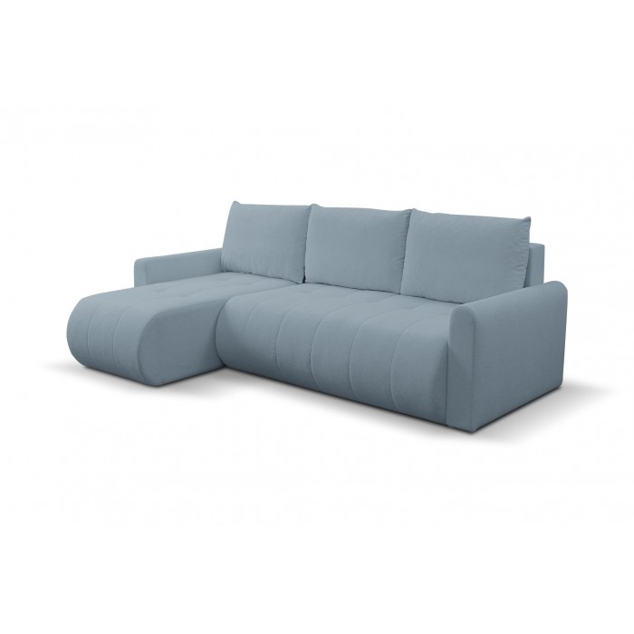 Mehrzweck-Ecksofa SPRENTO hellblau in Boucle-Stoff mit Schlaffunktion und Bettzeugfach