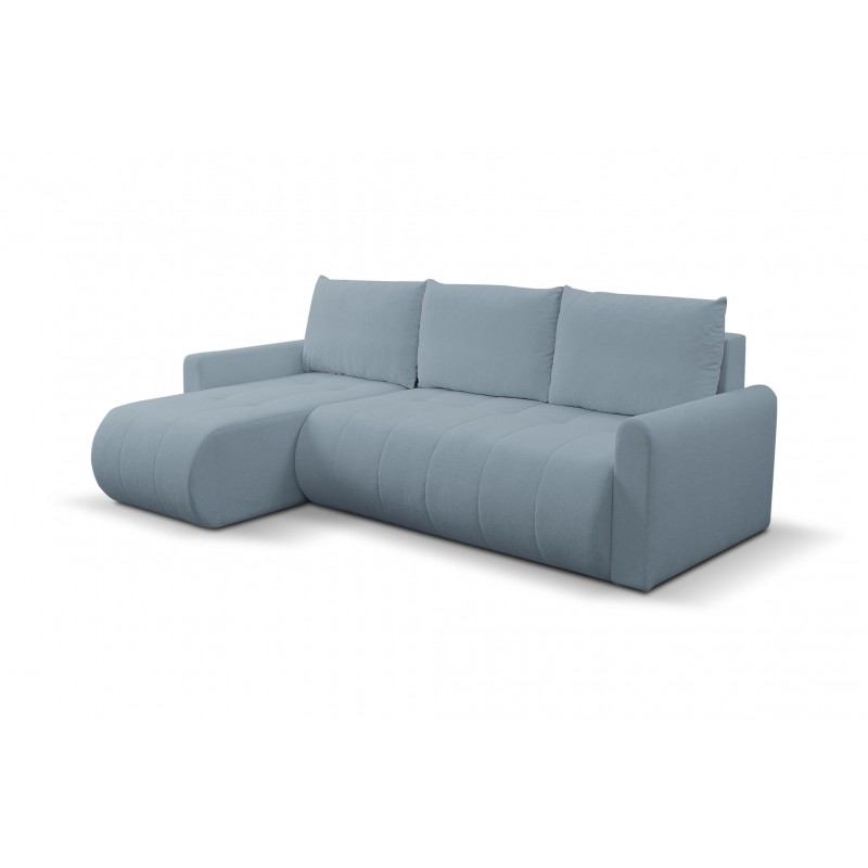 Mehrzweck-Ecksofa SPRENTO hellblau in Boucle-Stoff mit Schlaffunktion und Bettzeugfach