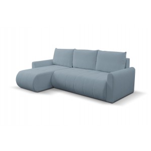 Mehrzweck-Ecksofa SPRENTO hellblau in Boucle-Stoff mit Schlaffunktion und Bettzeugfach 1/9