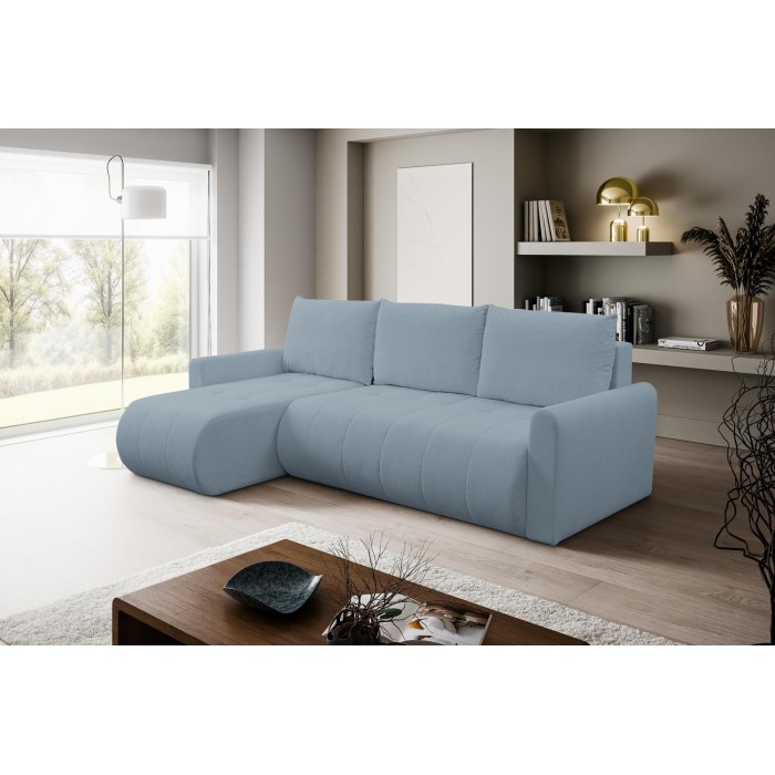Mehrzweck-Ecksofa SPRENTO hellblau in Boucle-Stoff mit Schlaffunktion und Bettzeugfach