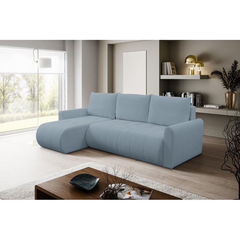 Mehrzweck-Ecksofa SPRENTO hellblau in Boucle-Stoff mit Schlaffunktion und Bettzeugfach 3/9