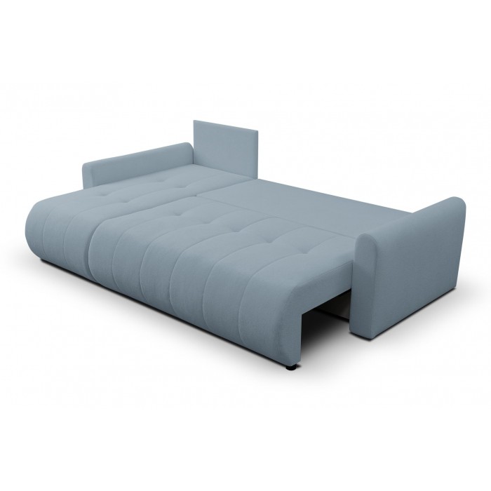 Mehrzweck-Ecksofa SPRENTO hellblau in Boucle-Stoff mit Schlaffunktion und Bettzeugfach
