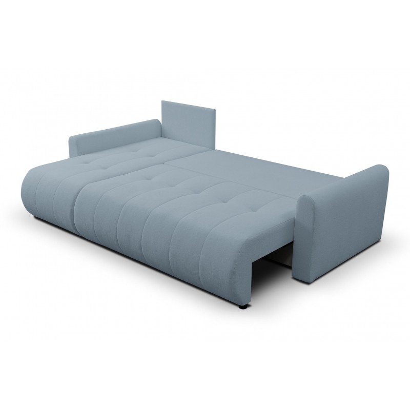 Mehrzweck-Ecksofa SPRENTO hellblau in Boucle-Stoff mit Schlaffunktion und Bettzeugfach 4/9