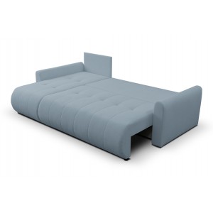 Mehrzweck-Ecksofa SPRENTO hellblau in Boucle-Stoff mit Schlaffunktion und Bettzeugfach 4/9