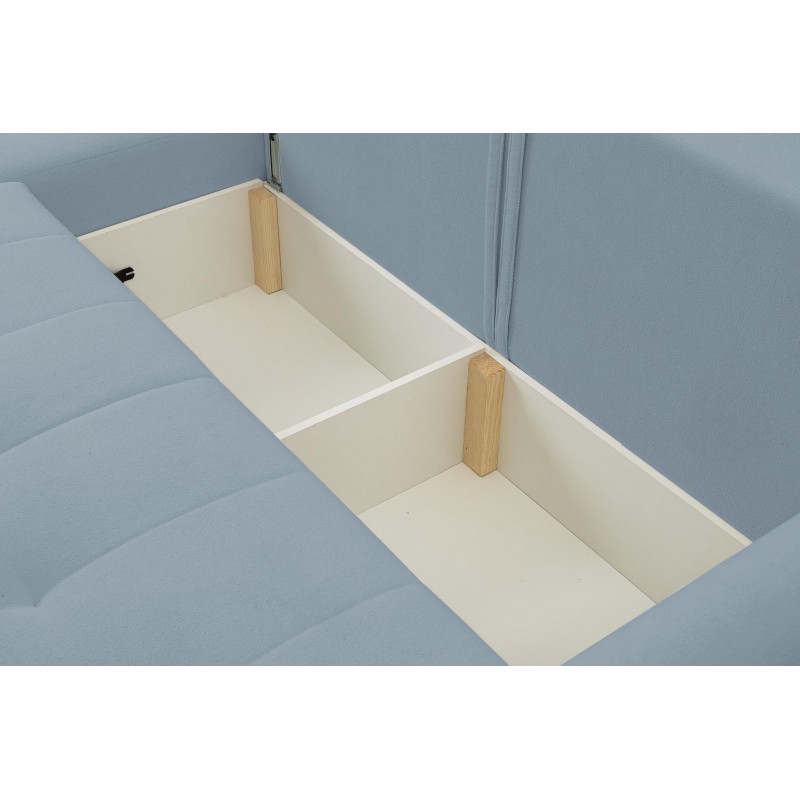 Mehrzweck-Ecksofa SPRENTO hellblau in Boucle-Stoff mit Schlaffunktion und Bettzeugfach 5/9