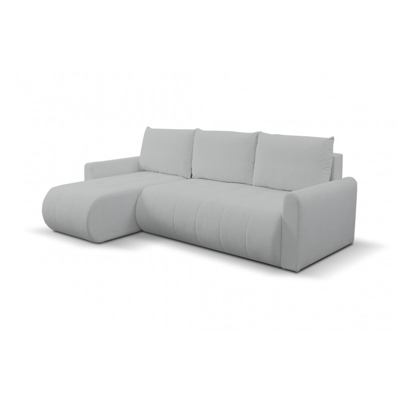 Mehrzweck-Ecksofa SPRENTO hellgrau in Boucle-Stoff mit Schlaffunktion und Bettzeugfach 1/9