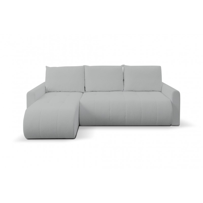 Mehrzweck-Ecksofa SPRENTO hellgrau in Boucle-Stoff mit Schlaffunktion und Bettzeugfach 2/9