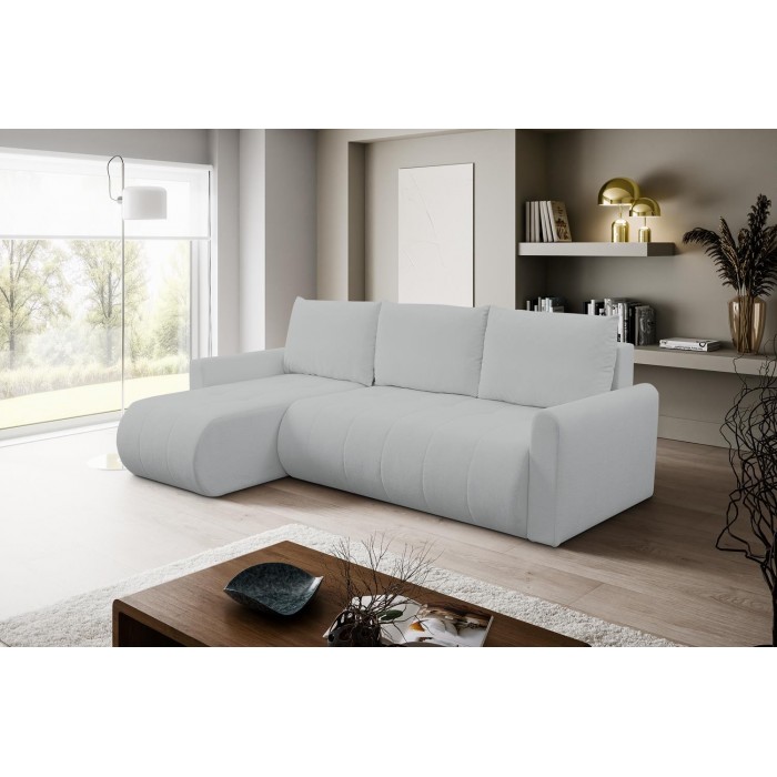 Mehrzweck-Ecksofa SPRENTO hellgrau in Boucle-Stoff mit Schlaffunktion und Bettzeugfach