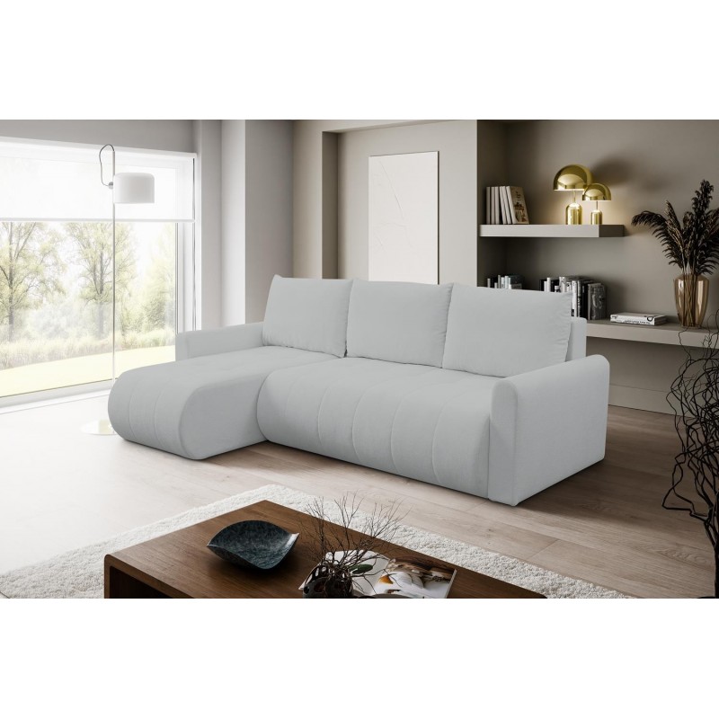 Mehrzweck-Ecksofa SPRENTO hellgrau in Boucle-Stoff mit Schlaffunktion und Bettzeugfach 3/9