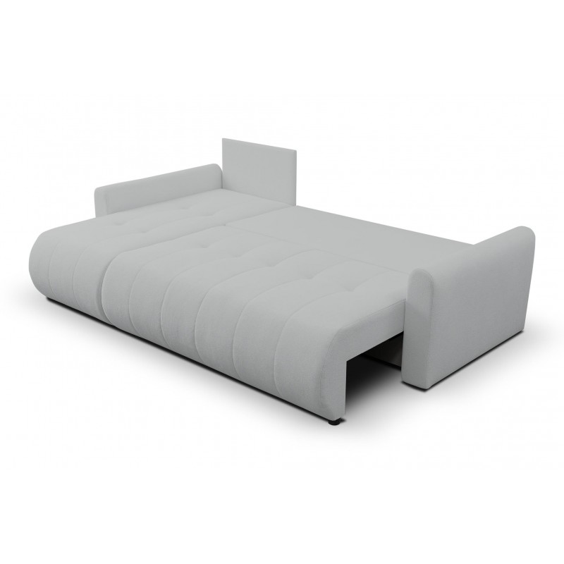 Mehrzweck-Ecksofa SPRENTO hellgrau in Boucle-Stoff mit Schlaffunktion und Bettzeugfach 4/9