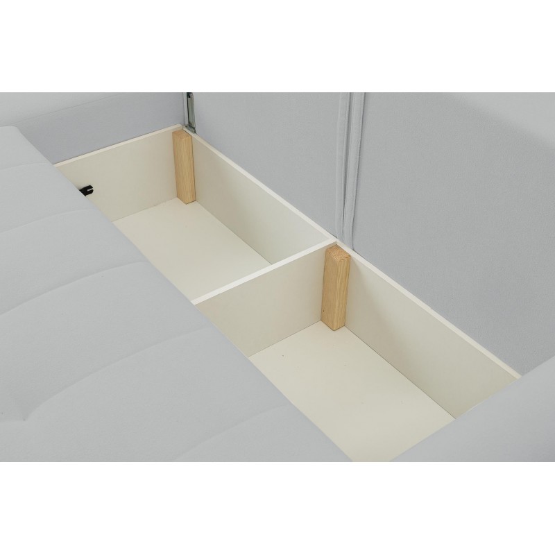 Mehrzweck-Ecksofa SPRENTO hellgrau in Boucle-Stoff mit Schlaffunktion und Bettzeugfach 5/9