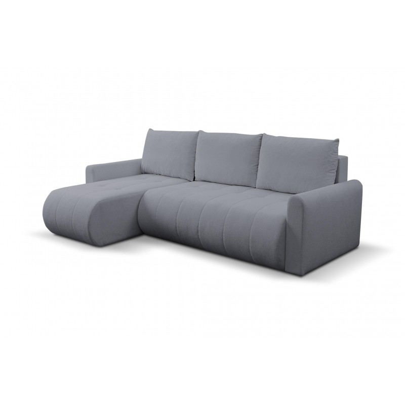 Mehrzweck-Ecksofa SPRENTO dunkelgrau in Bouclestoff mit Schlaffunktion und Bettzeugfach 1/9