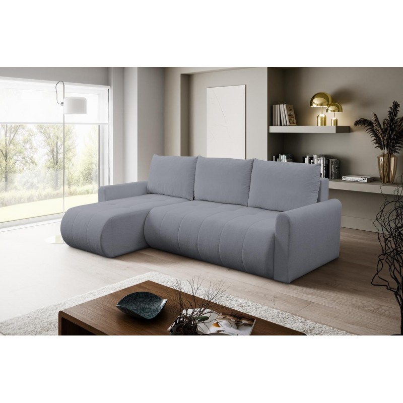 Mehrzweck-Ecksofa SPRENTO dunkelgrau in Bouclestoff mit Schlaffunktion und Bettzeugfach 3/9