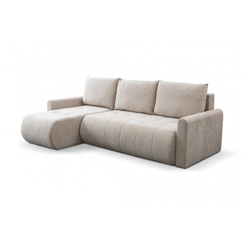 Mehrzweck-Ecksofa SPRENTO beige in Chenille-Stoff mit Schlaffunktion und Bettzeugfach