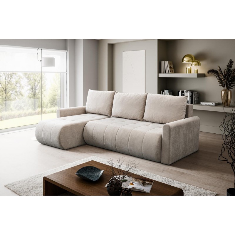 Mehrzweck-Ecksofa SPRENTO beige in Chenille-Stoff mit Schlaffunktion und Bettzeugfach 3/9