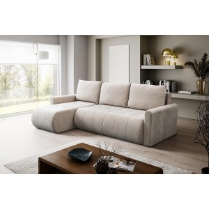 Mehrzweck-Ecksofa SPRENTO beige in Chenille-Stoff mit Schlaffunktion und Bettzeugfach 3/9