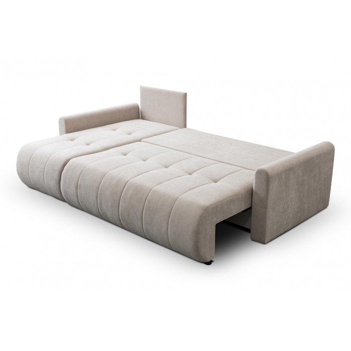 Mehrzweck-Ecksofa SPRENTO beige in Chenille-Stoff mit Schlaffunktion und Bettzeugfach