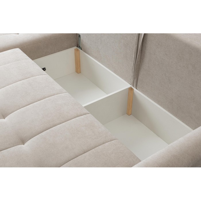 Mehrzweck-Ecksofa SPRENTO beige in Chenille-Stoff mit Schlaffunktion und Bettzeugfach