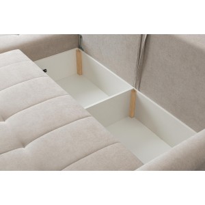Mehrzweck-Ecksofa SPRENTO beige in Chenille-Stoff mit Schlaffunktion und Bettzeugfach 5/9