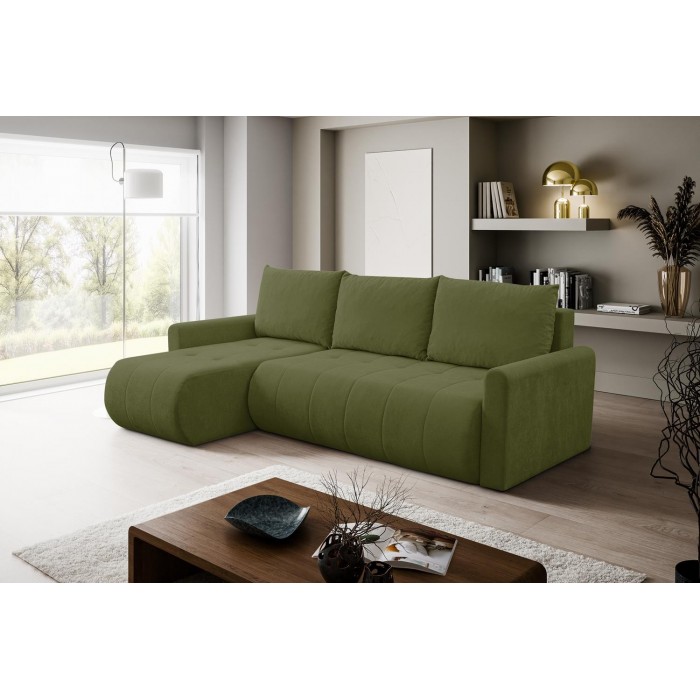 Mehrzweck-Ecksofa SPRENTO grün in Chenille-Stoff mit Schlaffunktion und Bettzeugfach