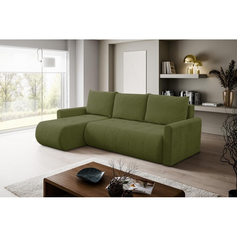 Mehrzweck-Ecksofa SPRENTO grün in Chenille-Stoff mit Schlaffunktion und Bettzeugfach 3/9