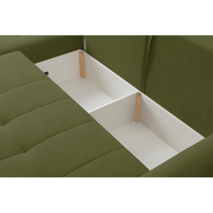 Mehrzweck-Ecksofa SPRENTO grün in Chenille-Stoff mit Schlaffunktion und Bettzeugfach