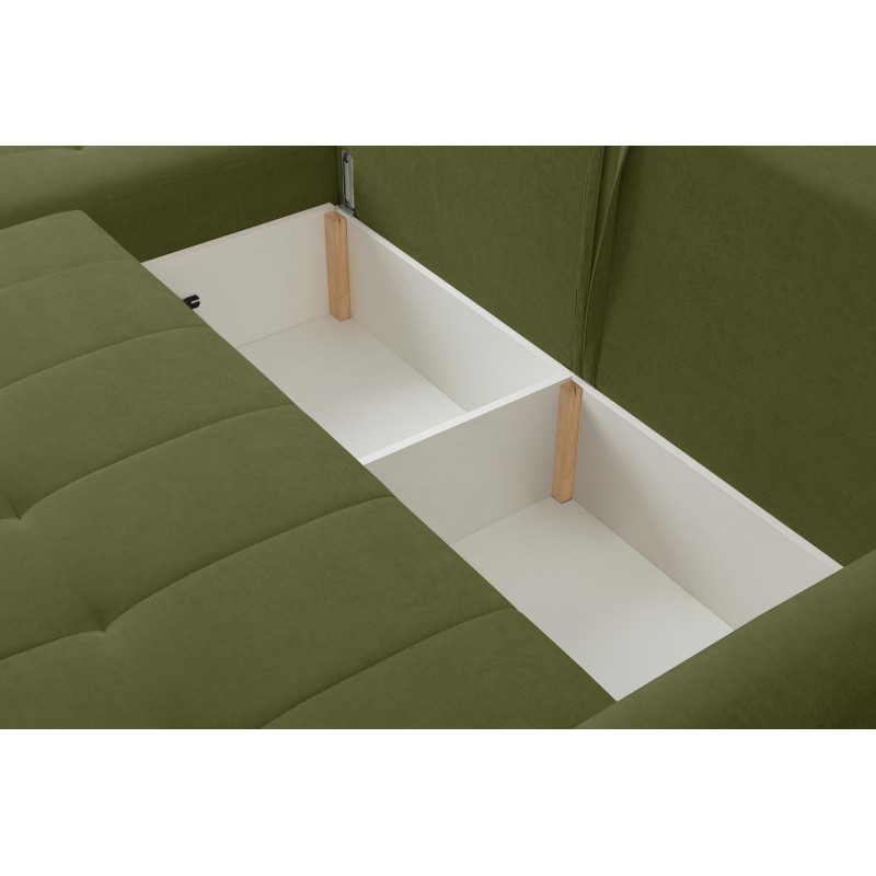 Mehrzweck-Ecksofa SPRENTO grün in Chenille-Stoff mit Schlaffunktion und Bettzeugfach 5/9