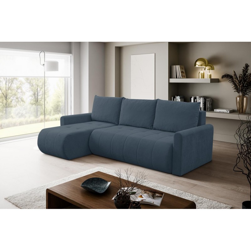 Mehrzweck-Ecksofa SPRENTO dunkelblau in Chenille-Stoff mit Schlaffunktion und Bettzeugfach 3/9