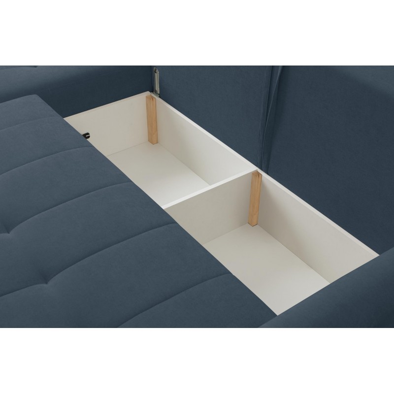 Mehrzweck-Ecksofa SPRENTO dunkelblau in Chenille-Stoff mit Schlaffunktion und Bettzeugfach 5/9