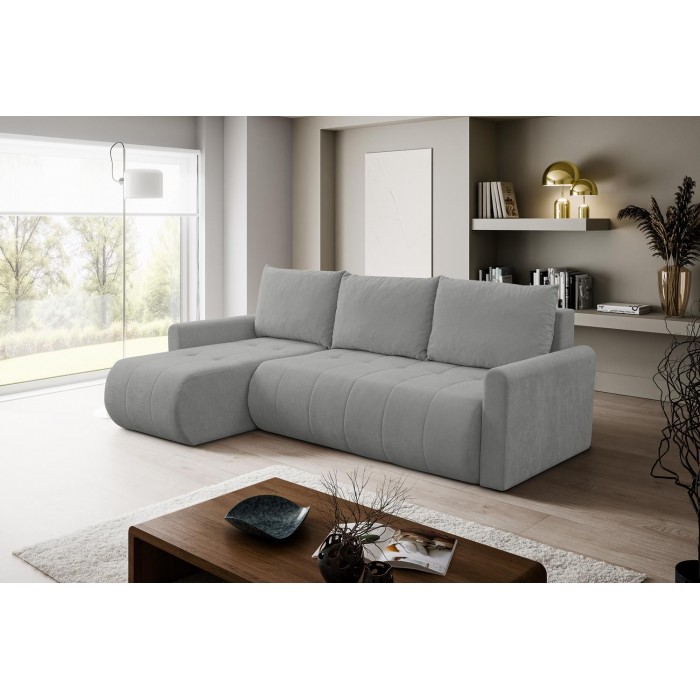 Universelles Ecksofa SPRENTO grau aus Chenille-Stoff mit Schlaffunktion und Bettzeugfach