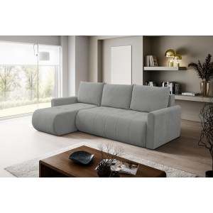 Universelles Ecksofa SPRENTO grau aus Chenille-Stoff mit Schlaffunktion und Bettzeugfach 3/9