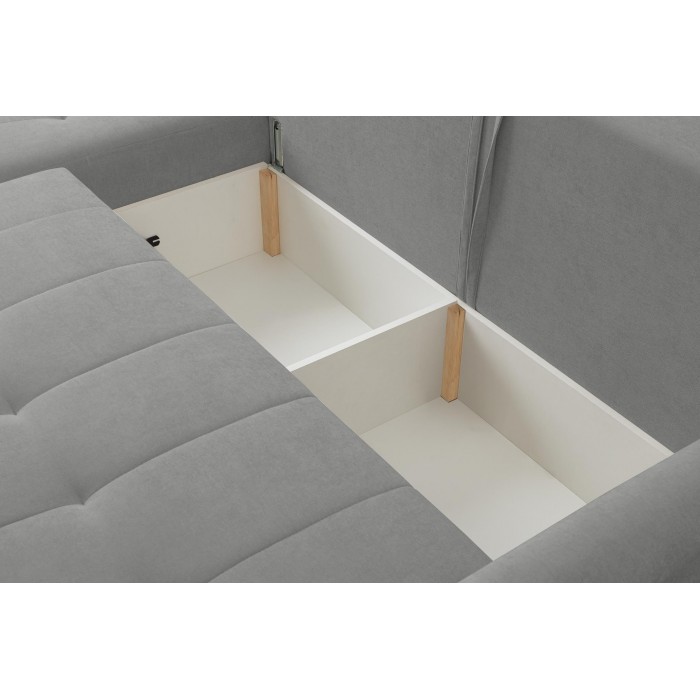 Universelles Ecksofa SPRENTO grau aus Chenille-Stoff mit Schlaffunktion und Bettzeugfach