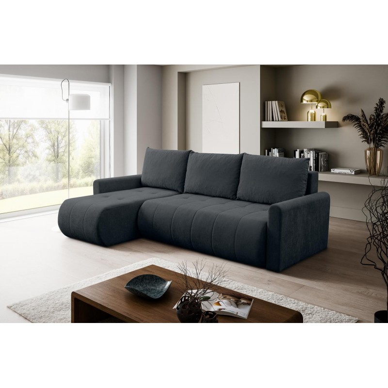 Universelles Ecksofa SPRENTO schwarz in Chenille-Stoff mit Schlaffunktion und Bettzeugfach 3/9