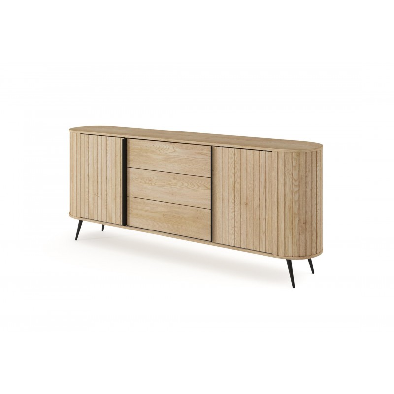 Kommode RIVO 196 cm - Eiche Cremona mit geriffelten Fronten, abgerundet mit 3 Schubladen und Schiebetüren
