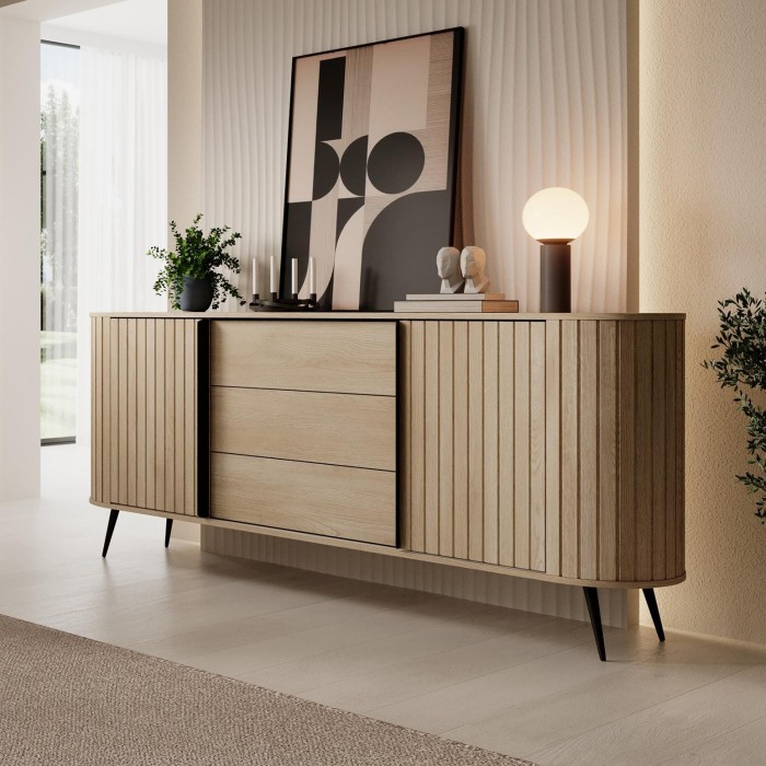 Kommode RIVO 196 cm - Eiche Cremona mit geriffelten Fronten, abgerundet mit 3 Schubladen und Schiebetüren