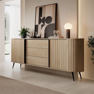 Kommode RIVO 196 cm - Eiche Cremona mit geriffelten Fronten, abgerundet mit 3 Schubladen und Schiebetüren 2/9