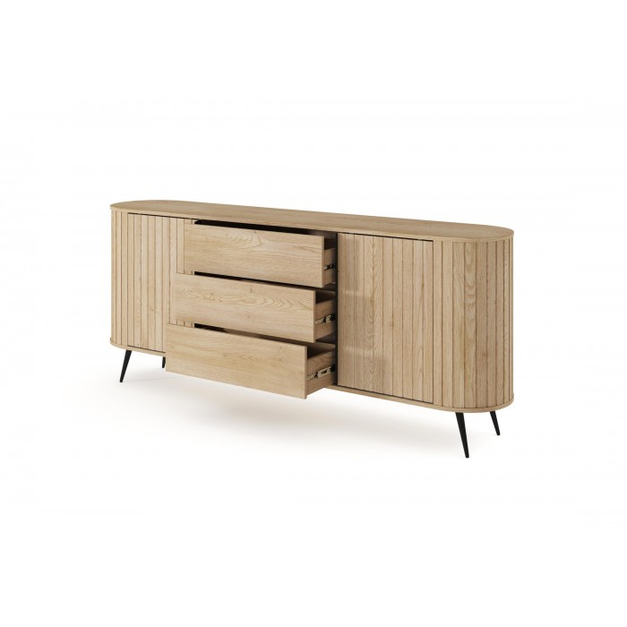 Kommode RIVO 196 cm - Eiche Cremona mit geriffelten Fronten, abgerundet mit 3 Schubladen und Schiebetüren